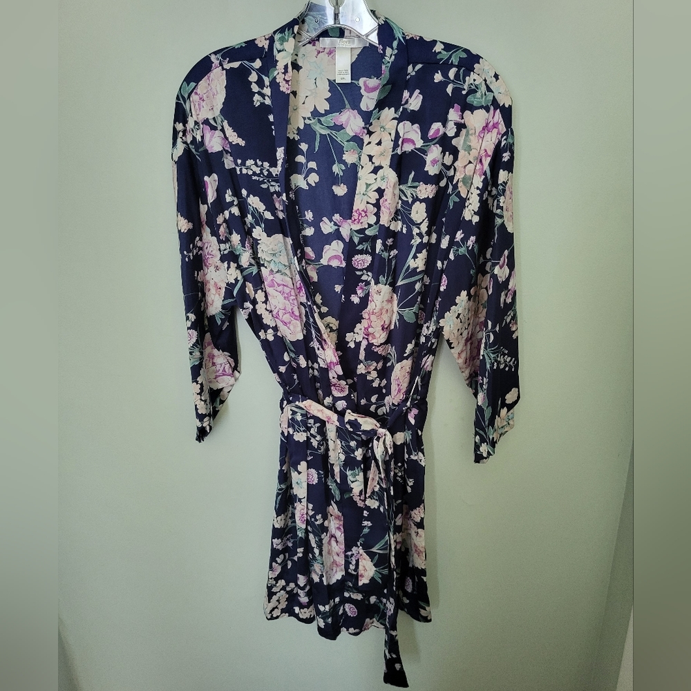 Flora by Flora Nikrooz Maria Satin‎ Robe Floral Blue Multicolored Size L/XL